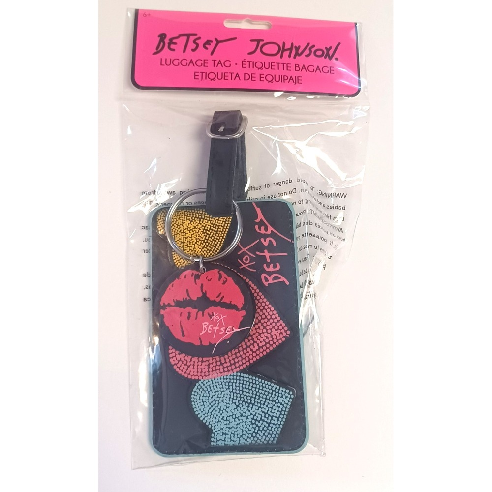 Betsey Johnson Luggage Tag Pink Black Kiss Lips Heart Travel Bag ID Card Charm